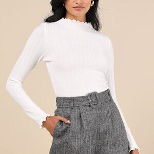 Lulus Charmed Vibes Ivory Ribbed Lettuce Edge Long Sleeve Top White - Size XL